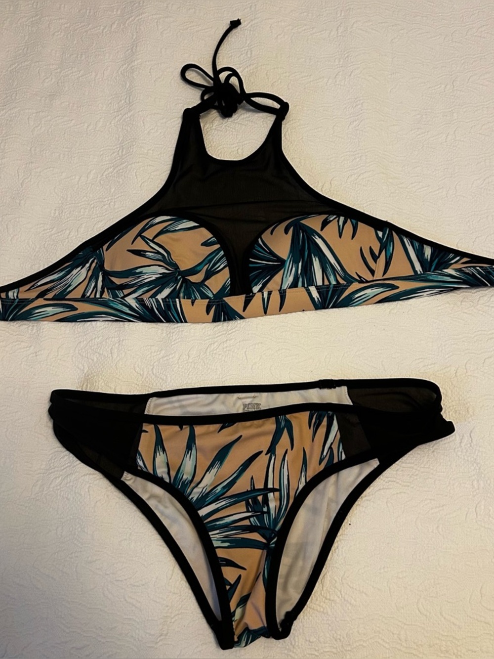 Black & Pink Leaf-Print High Neck Bikini Set